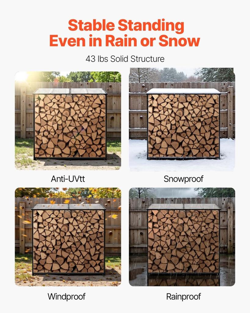 Firewood Rack with Sloped Roof, 143cm Outdoor Firewood Holder, 1/4 Cord Log Storage Shed, 299kg Max Weight Capacity, Powder-Coated Metal Wood Storage