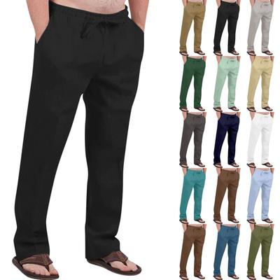 Men's Fashion Casual Cotton Hemp Drawstring Solid Color Beach Trousers Pants