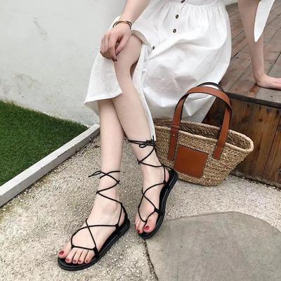 With Strap Sandals for Women Open Toe Outdoor Summer 2025 Flat Rubber No Heel Footwear Flip-flops Beach Ladies Shoes Roman Style