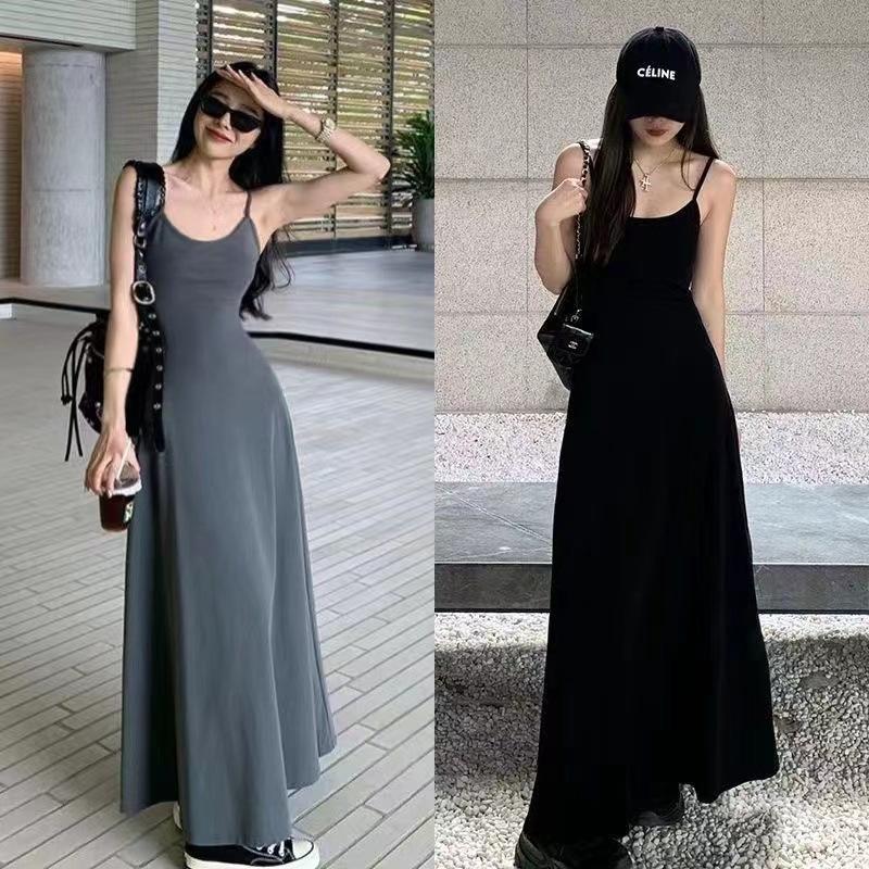 Spice Girl Solid Color High Waist Suspender Dress Women's Summer New Waist Skinny Shoulder Shoulder Inside Bottom Knee Dress