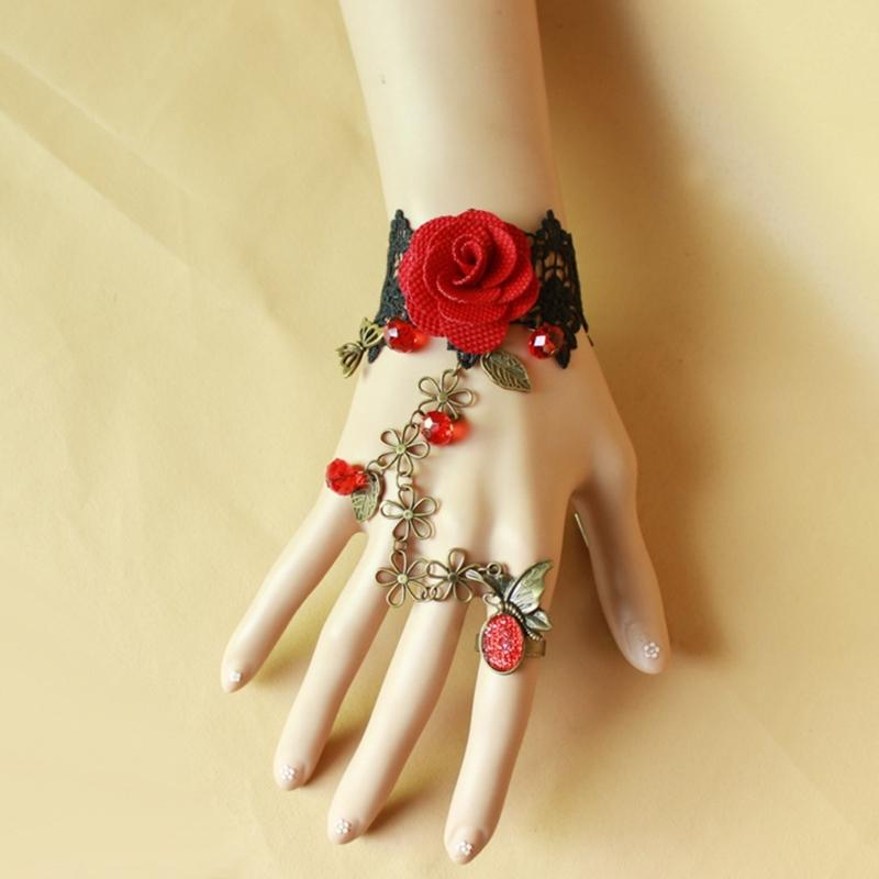 Rose Black Lace Hand Chain Ring Bracelet Chain Crystal Bead Finger Bracelet Sweet Hand Jewelry for Women and Girls Gifts