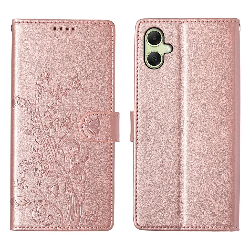For Samsung Galaxy A07 4G Wallet Case Butterfly Floral Imprint PU Leather Phone Cover with Wrist Strap