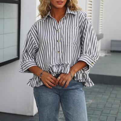 Women's Fashion Commuting Striped Lace Hem Loose Shirt Quarter Sleeve Shirt