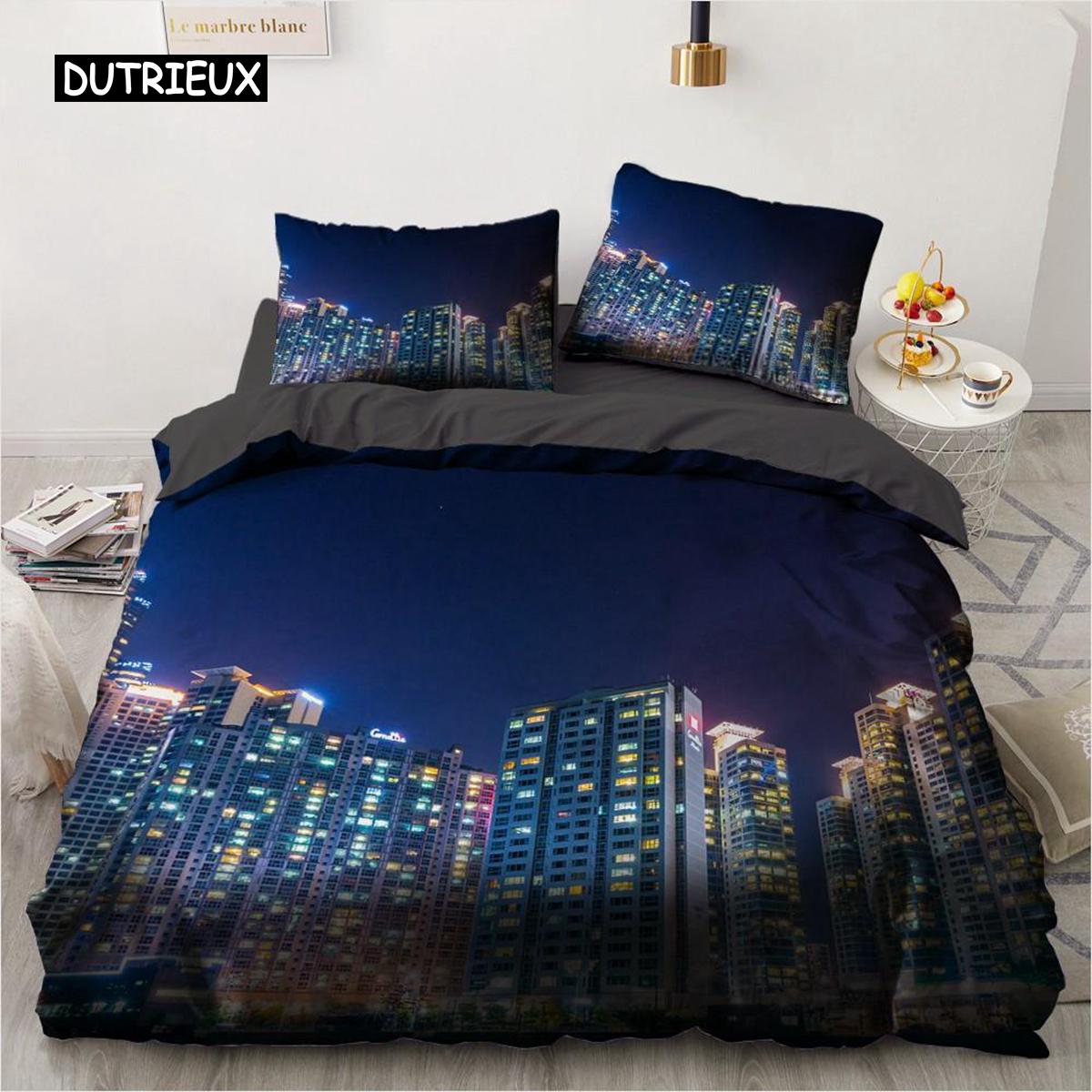

Urban Night View Duvet Cover Set Brightly Lit Night Scene Bedding Set for Teens Adults Queen Size Soft Microfiber Quilt Cover EU single(135x200cm)