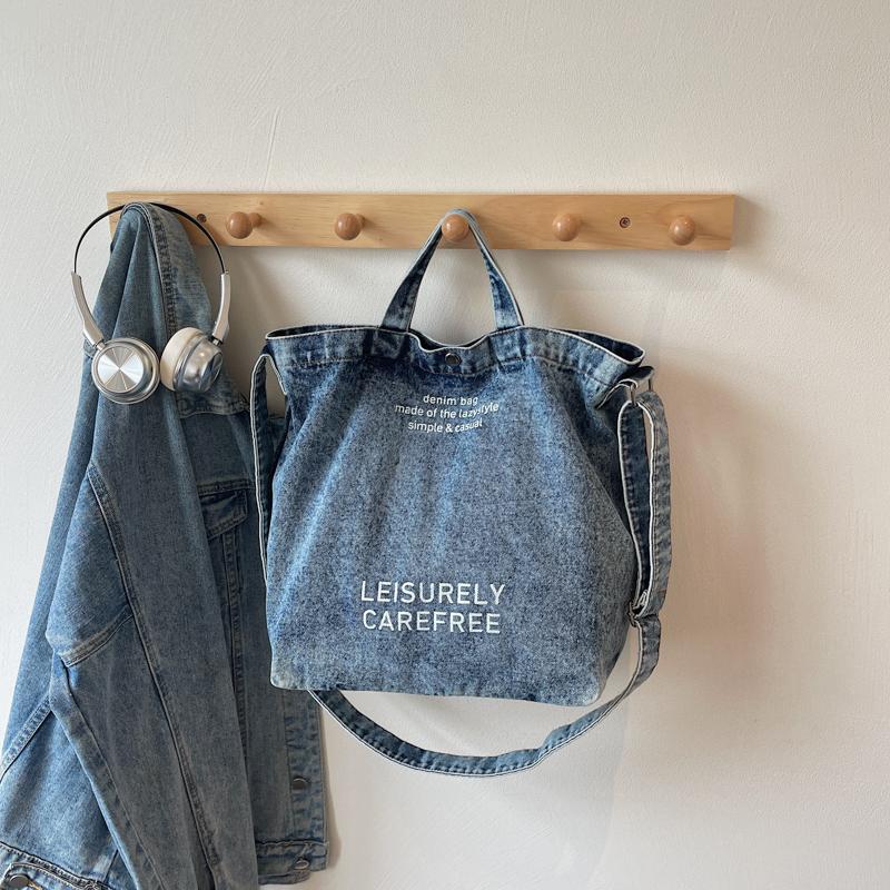Large Capacity Retro Denim Bag Letter Print Shoulder Bag Women Crossbody Bag