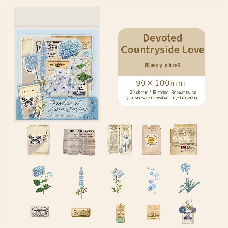 Набор васи-стикеров «Пасторальная серия»: 30 листов, Вырезаемые неправильные формы, 6 стилей для ведения дневника