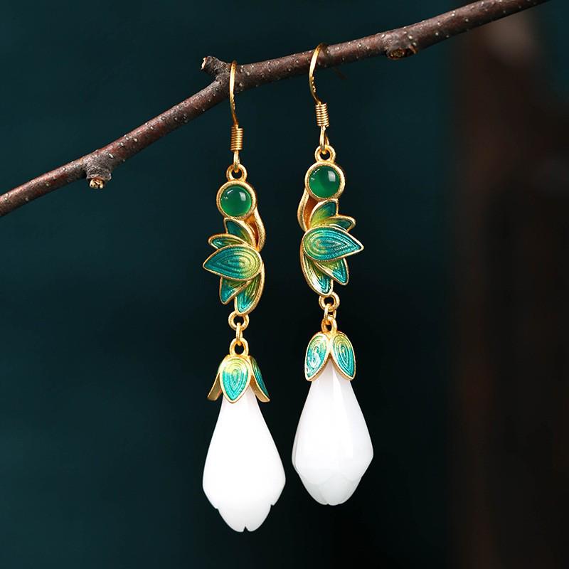 Magnolia Imitation White Jade Enamel Earrings – Retro Chinese Court Style