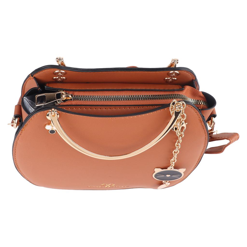 Woman Fashion Handle Bag with Adjustable Straps Cute Animal Pendant Decorations PU Leather Shoulder Bag Deep Yellow