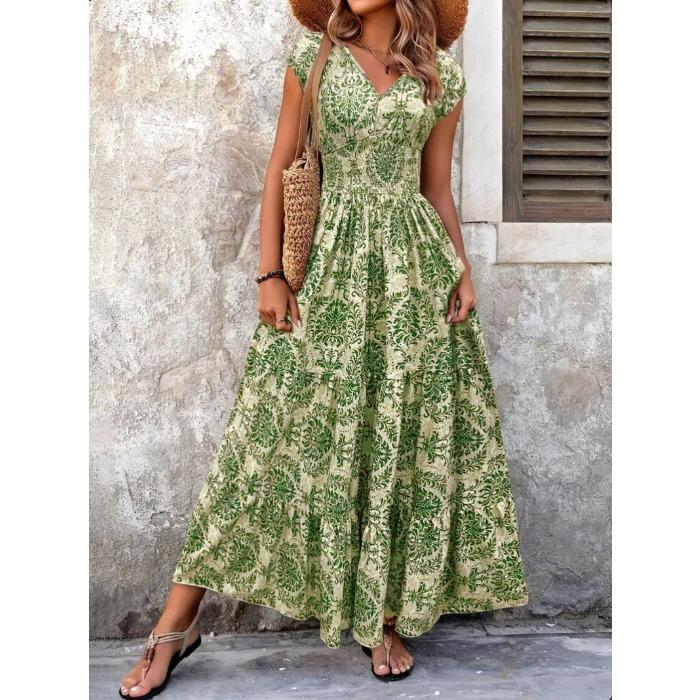 

Vintage print dress fashionable and elegant V-neck short-sleeved dress long dress women s clothing 5XL зелений