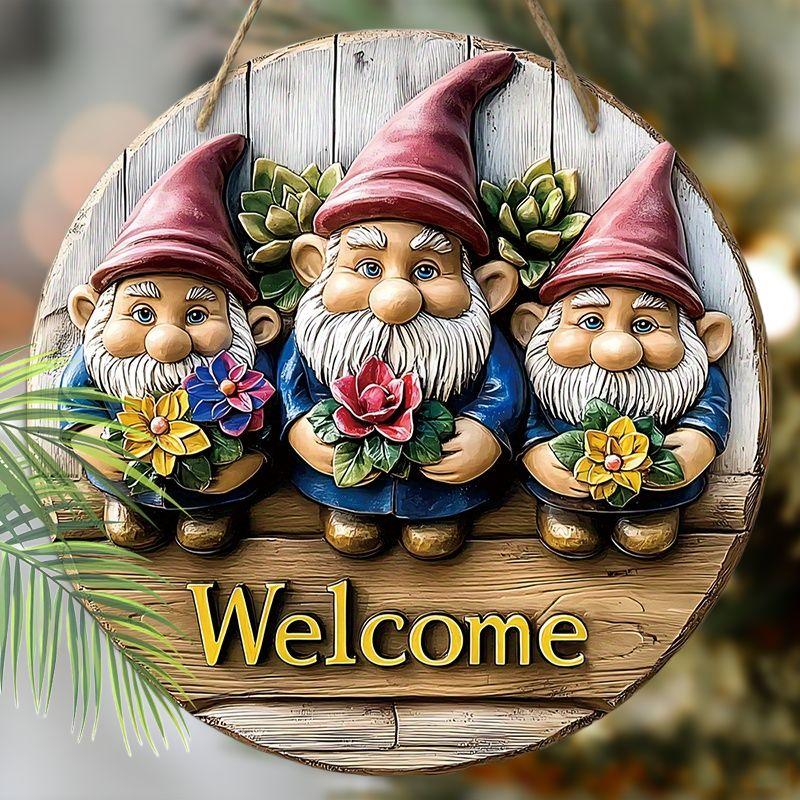 Wooden hanging decorative sign,welcome signs,The pattern is three gnomes,indoor or garden decorations,2D flat pendants, housewarming gifts for friends