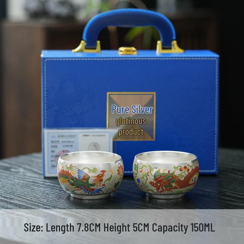 Silver Dragon & Phoenix Luohan Tea Cup: 999 Silver, Gilded, High-Grade Gift, Household Host's Cup
