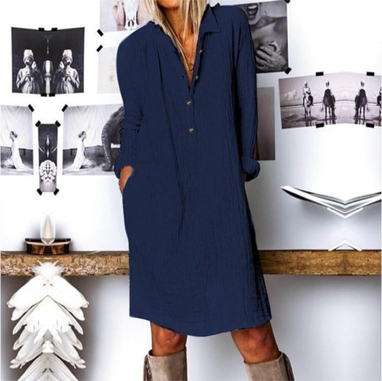 Women s Casual Fashion Loose Color Cotton Linen Lapel Shirt Dress XXL синий