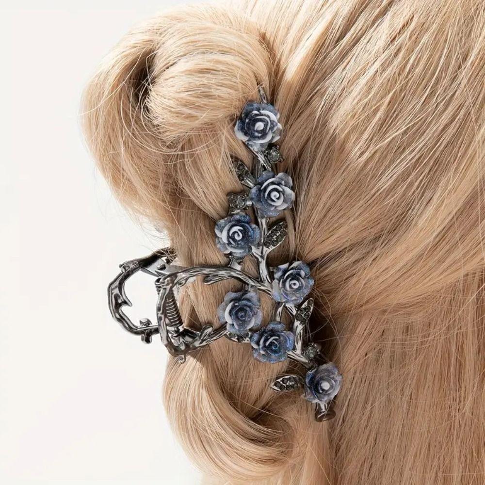 Flower Camellia Hair Claw Ponytail Holder Large Shark Clip Retro Metal Hair Crab Clip  Female