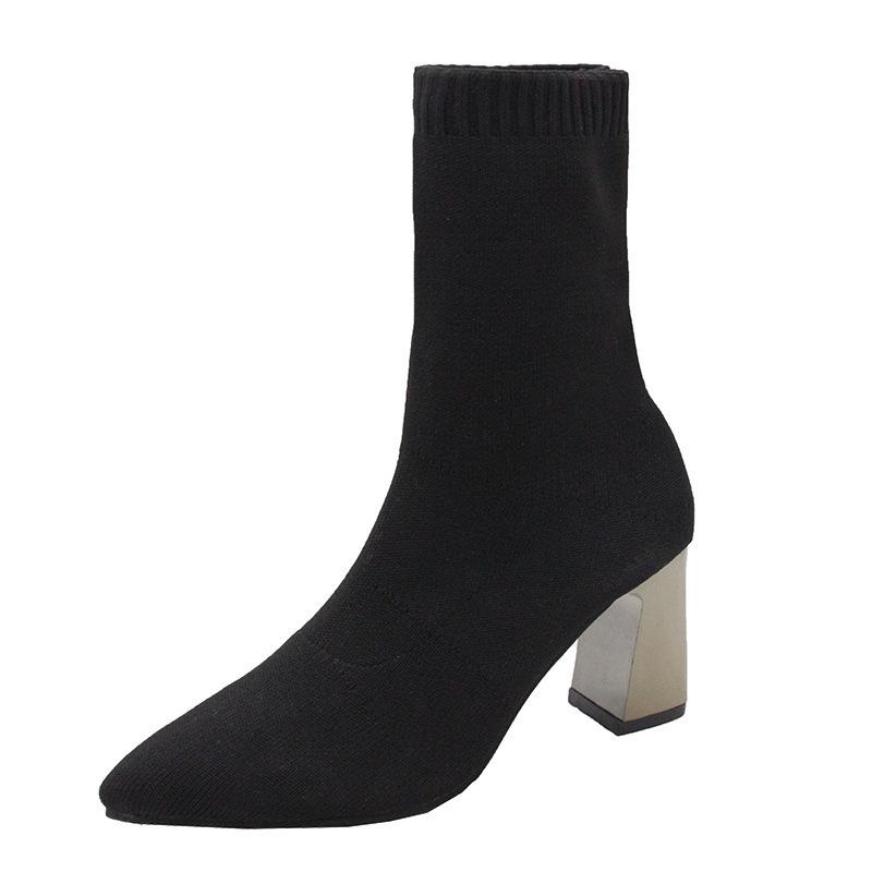 One-character women's black thermal boots, comfortable and fashionable pointed high heels, women's casual thick-heeled single shoes