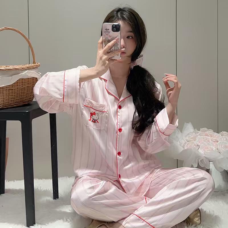Striped KT Spring/Autumn Sweet Girly Chiffon Luxury Women s Loungewear Pajamas Extra Large