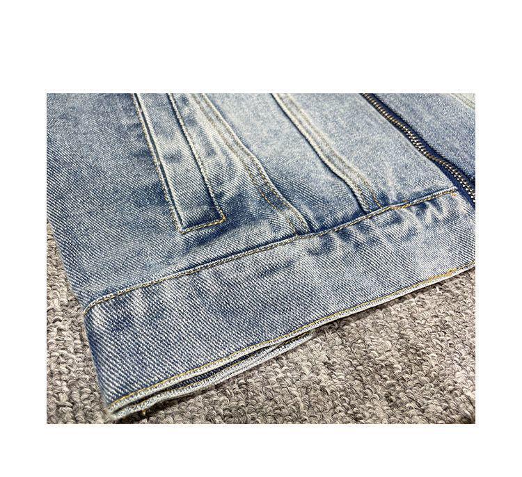 Women's 2023 Korean-Style Retro Patchwork Denim Jacket - Age-Reducing Short Zipper Stand Collar, Long-Sleeved Top for Spring
