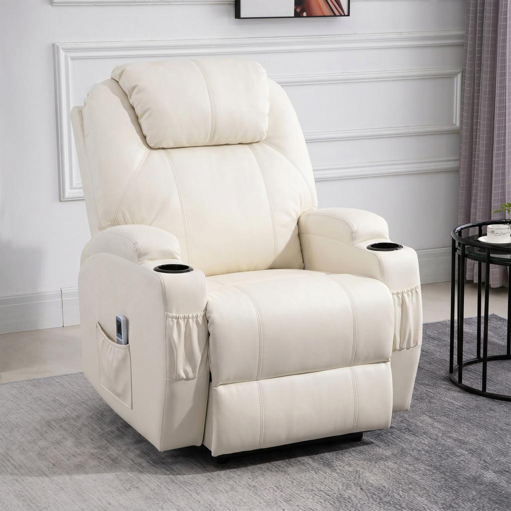 Luxury Reclining And Massage Armchair Electric Footrest Synthetic Leather Cream