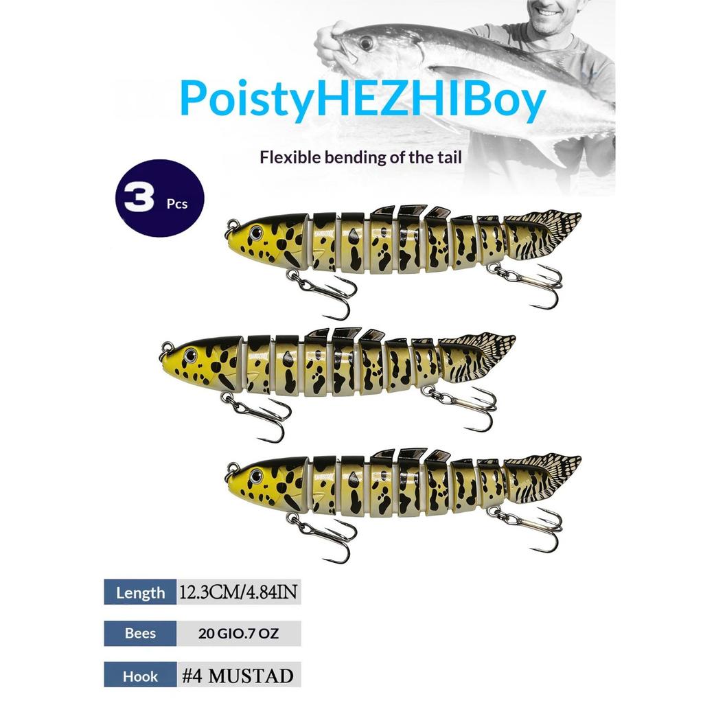 Eight-section bionic pike lure with realistic swimming action. Sharp hooks for solid hooksets, ideal for catching aggressive freshwater predators.