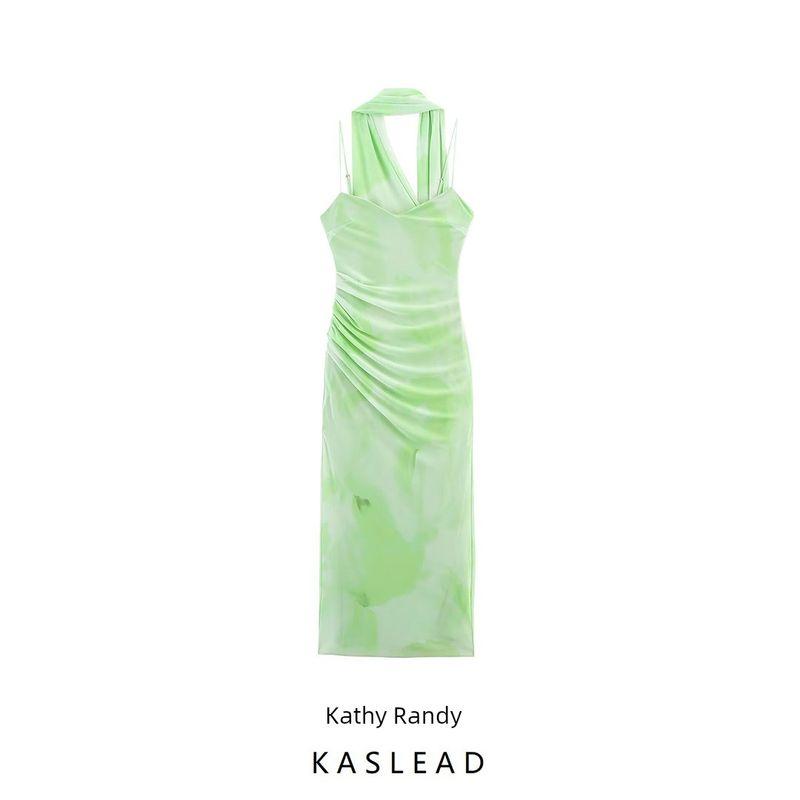 Kaslead New Women clothes Western Style Fashion Scarf Decoration Silk Net Midi Dress 3152327