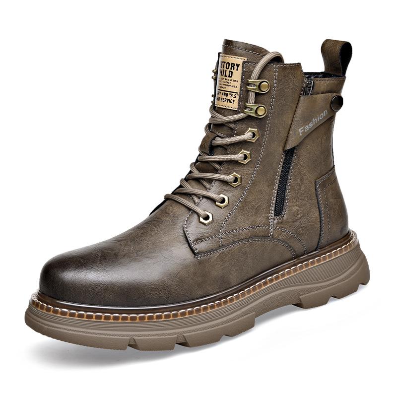Men's Genuine Leather Mid-Cut Martin Boots - Trendy, All-Match, High-Top with Velvet Lining for Autumn and Winter