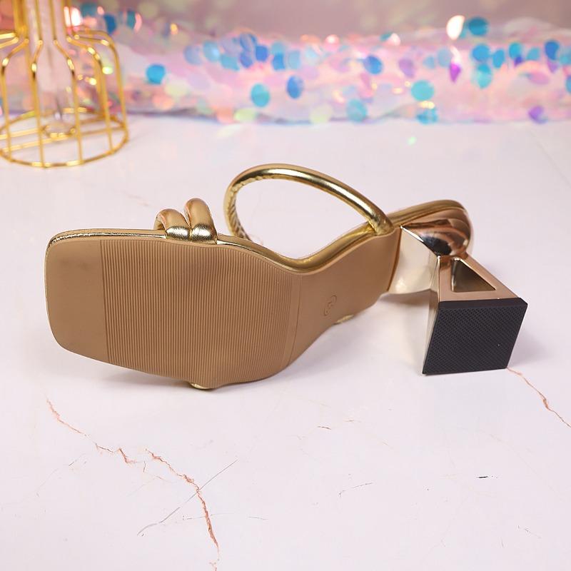 New Summer One-Word Gold Shaped High Heels Fashion Square Toe Cool Slip Plus Size Women's Shoes