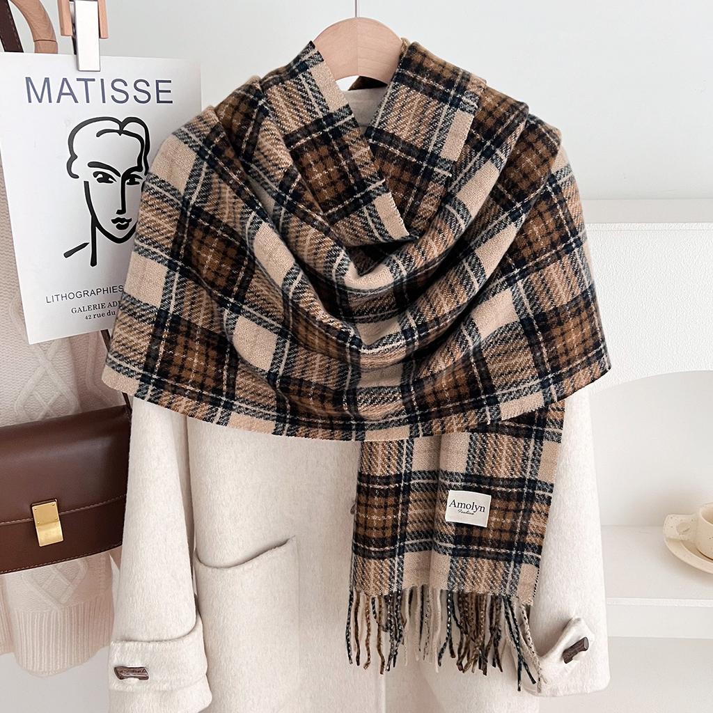Autumn and Winter Scarf Women's New Plaid Imitation Cashmere Scarf Maillard Contrasting Shawl Thickened Warm Versatile Scarf