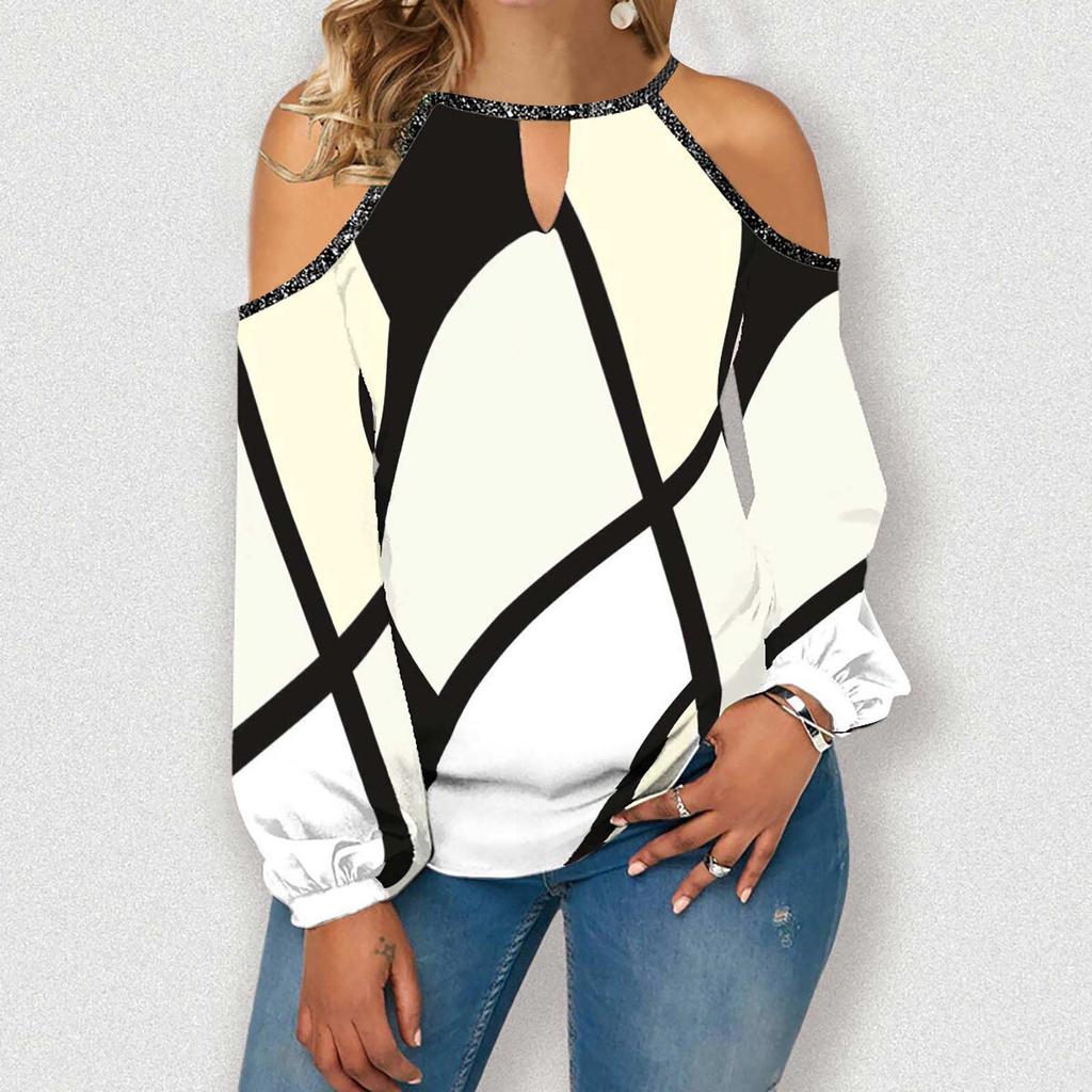 Women's Fashion Casual Temperament Round Neck Off-shoulder Irregular Color Long Sleeve T-shirt Top
