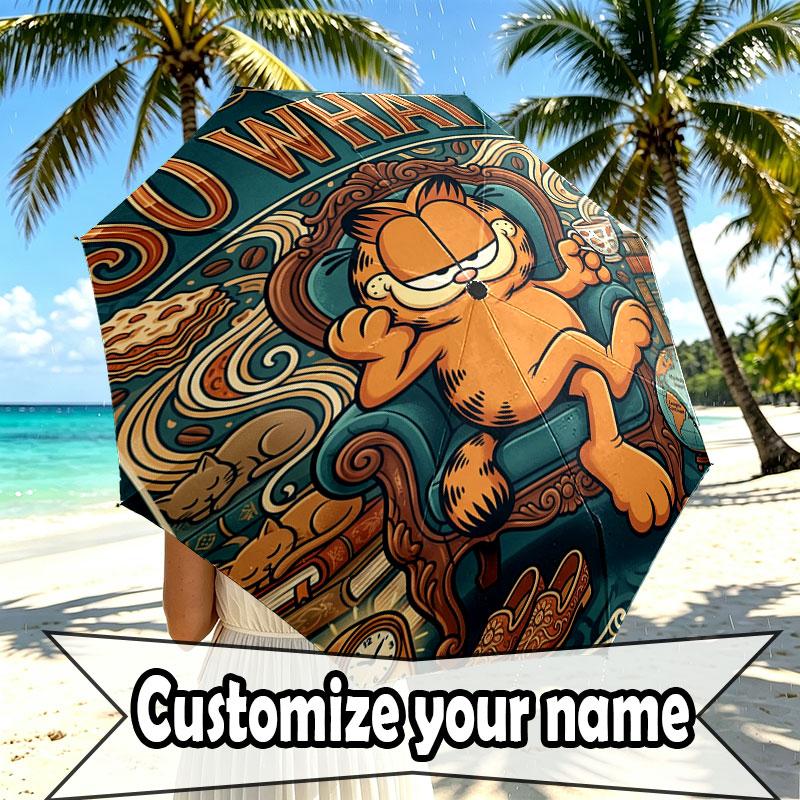Personalisierter Garfield-Druckschirm mit individuellem Namen, Automatisches Öffnen und Schließen, Stabiler 8-Rippen-Rahmen, Für Pendeln, Camping, Wandern, Geburtstagsgeschenk