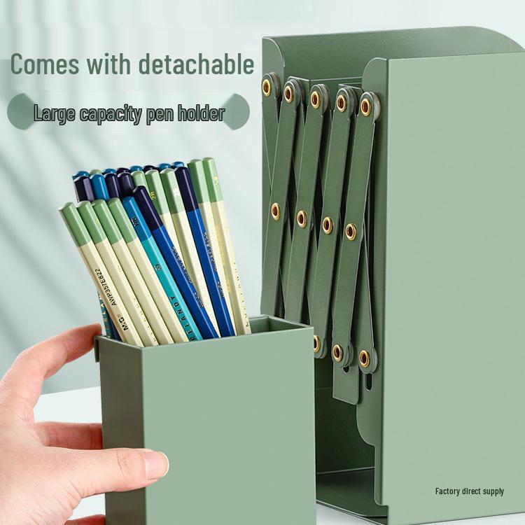 Retractable Desktop Bookend with Pen Holder and Integrated Book Storage Clip  