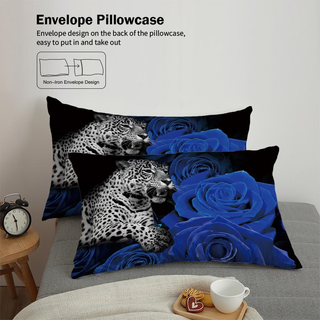 3-piece down duvet cover with modern leopard blue rose pattern print (1 duvet cover+2 pillowcases, no core) bedding set