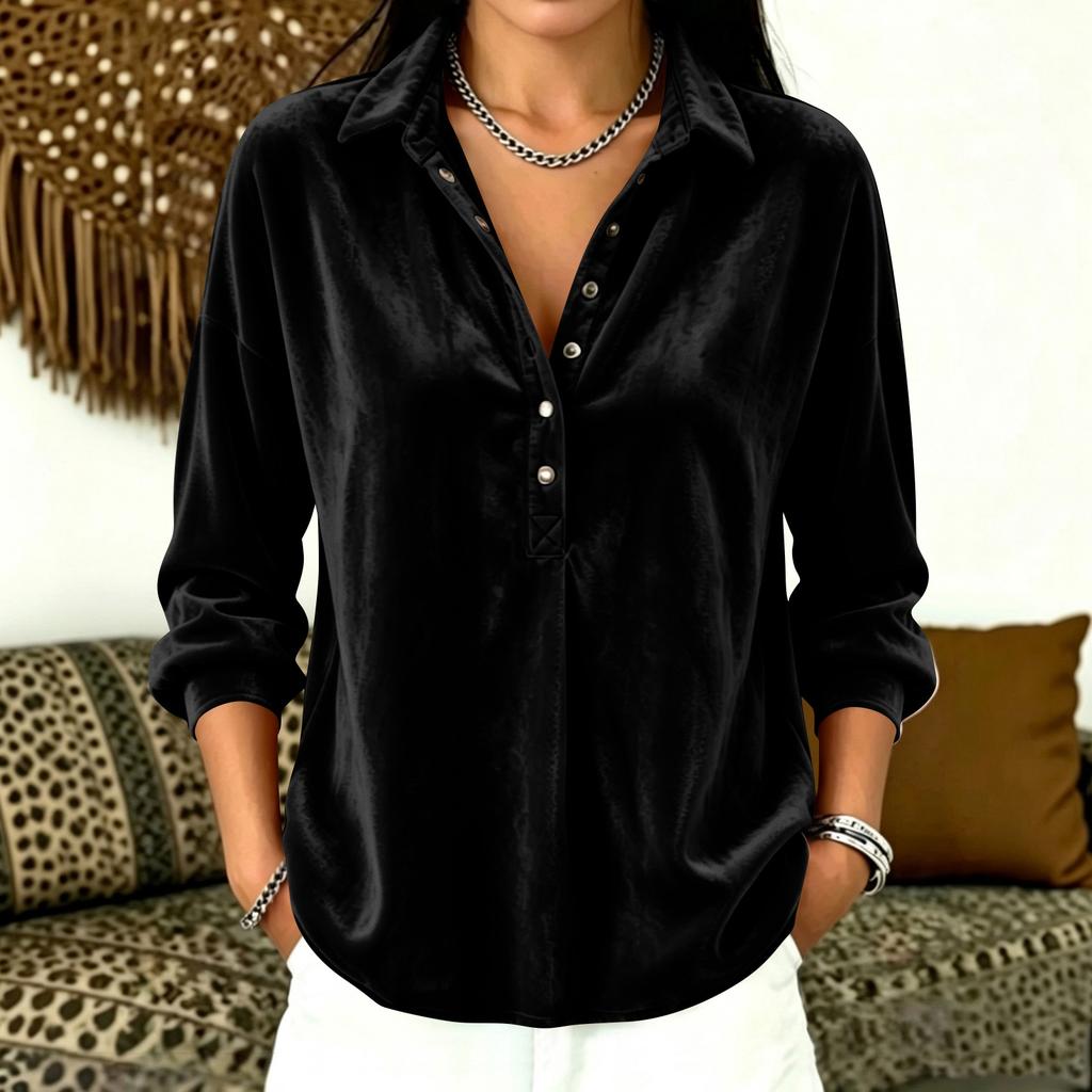 Women's Color Long Sleeve Button Down Shirt with Turn-Down Collar Casual Loose Fit Top