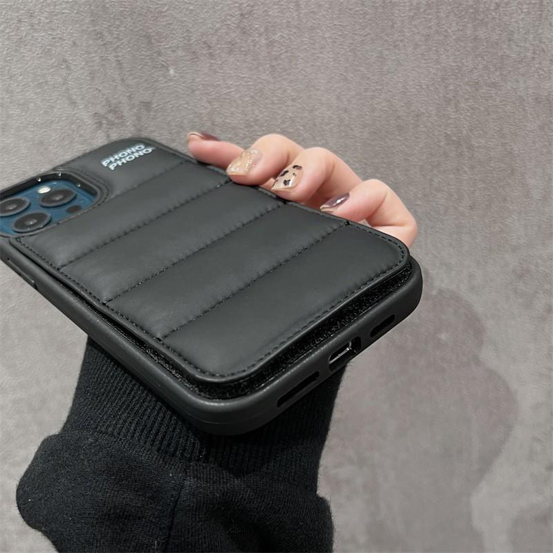 Down Jacket Style Phone Case IPhone 6 To 15 Series PU Leather Protective Cover With Wrist Strap