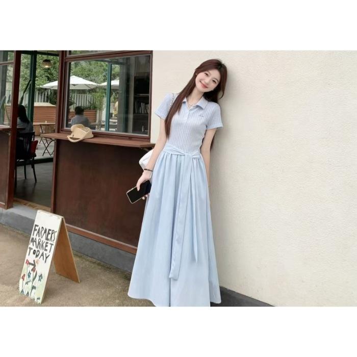 Blue Polo Collar Short-sleeved Dress Children's Summer 2026 New Sweet and Big-looking College Style Waist Pinch Dress