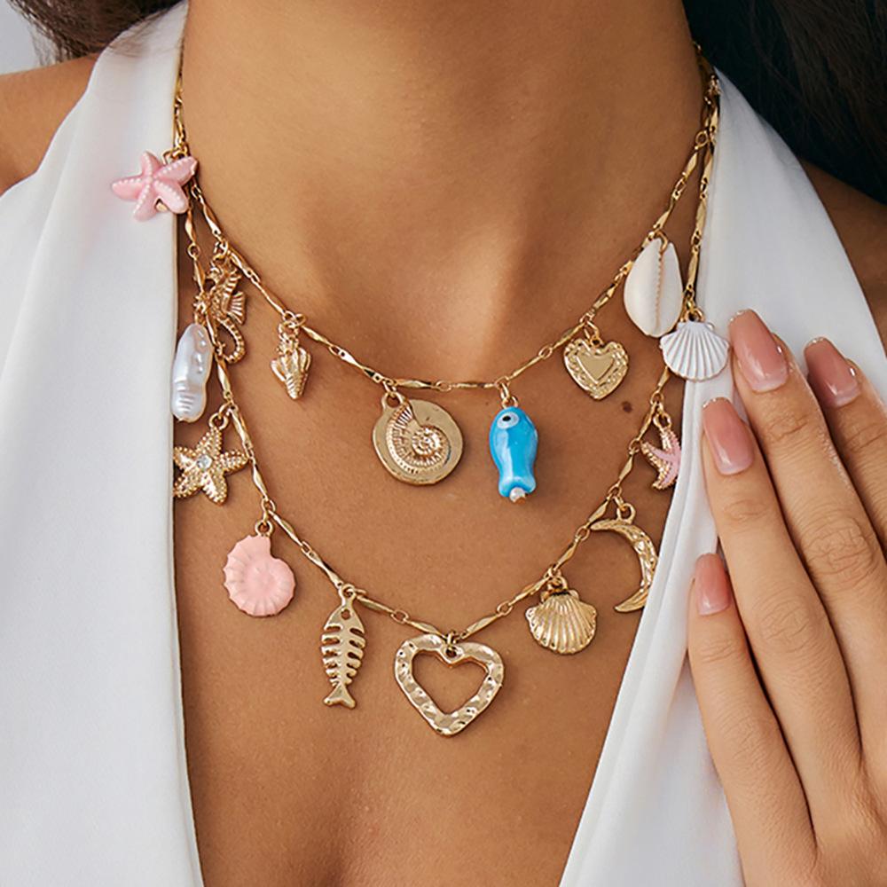 

Starfish love pendant vacation bohemian necklace beads stacked wearing small fish seaside necklace jewelry