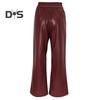 Women Flared Pants Slim High Waist Loose Pockets Faux Leather Elastic Waist Wide Leg Streetwear Solid Color Trousers for Work Leisure Daily Wear