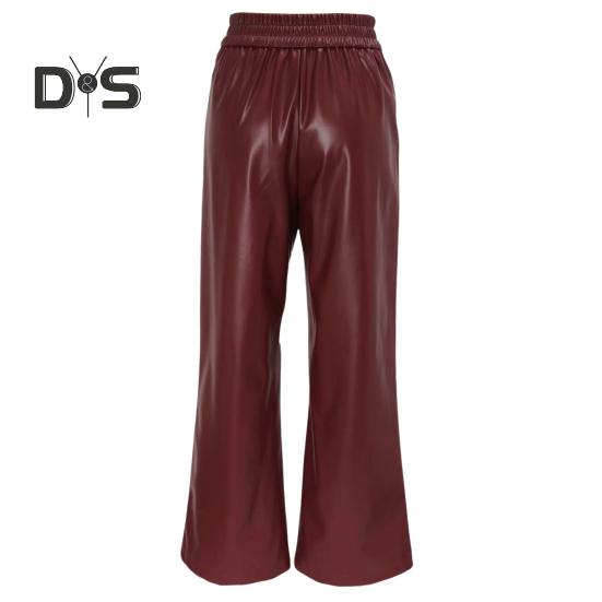 Women Flared Pants Slim High Waist Loose Pockets Faux Leather Elastic Waist Wide Leg Streetwear Solid Color Trousers for Work Leisure Daily Wear