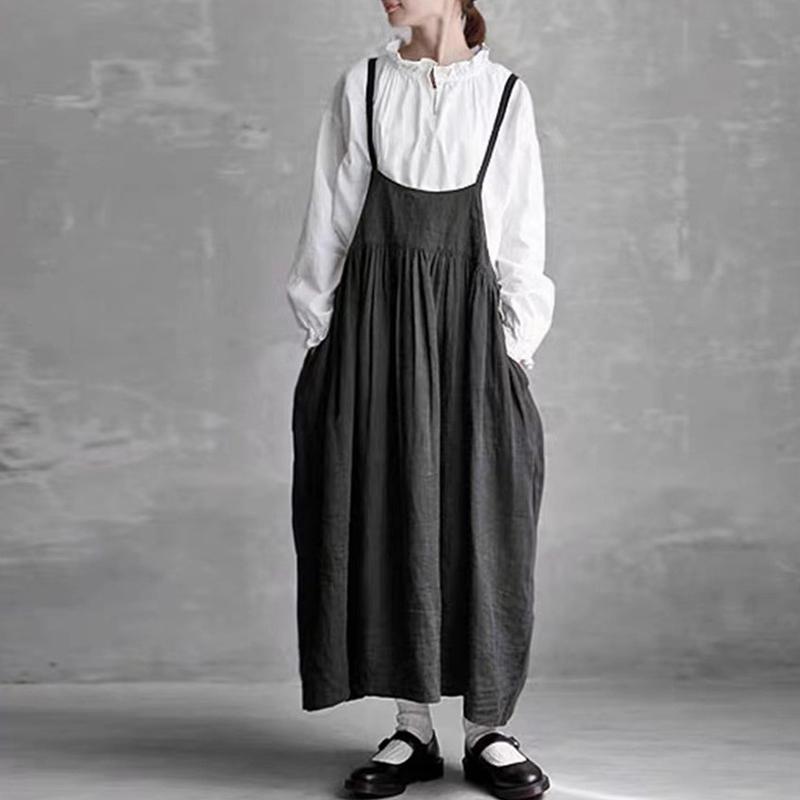 Johnature Japanese Versatile Suspender Dresses For Women Summer High Waist Strap Layered Mori Japanese Dresses
