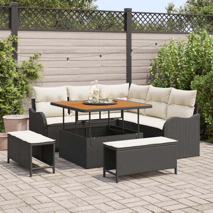 Ensemble de canapés de jardin 8 pièces avec coussins noir poly rotin acacia, Canapé de jardin 2 places avec coussins noir 3362255