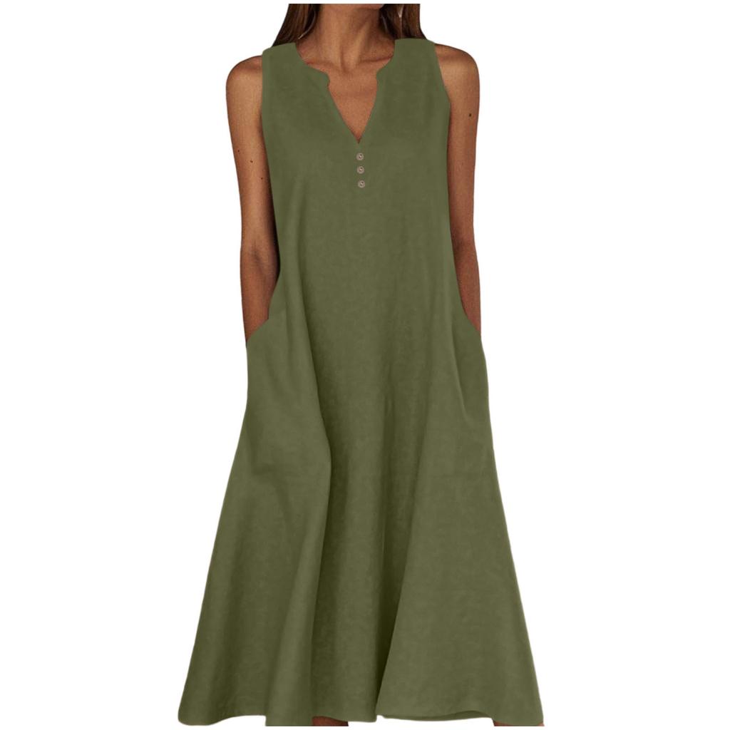 Women's Sleeveless V-Neck Button Front A-Line Dress with Side Pockets in Multiple Colors