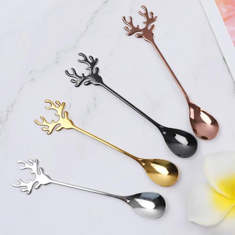 1pc 304 Stainless Steel Cartoon Christmas Elk Spoon Cute Deer Head Mini Ice Cream Spoons Coffee Dessert Stirring Spoon Tableware