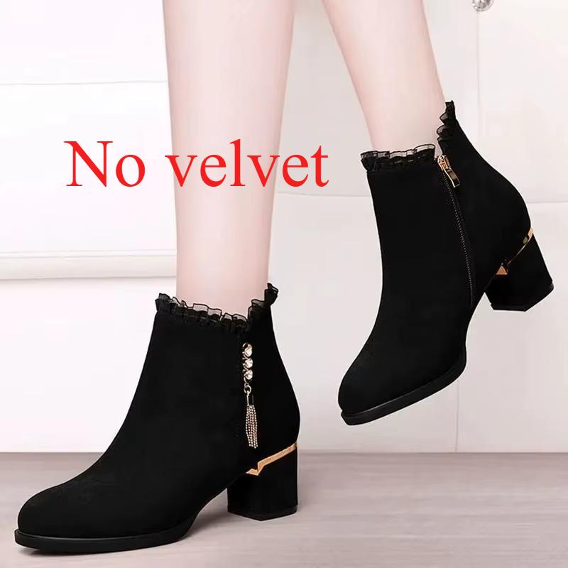 

Fall Winter Short Boots Women round Toe Thick Heel High Heel Fleece Lined Warm Cotton Shoes Mid Heel Low Heel 42