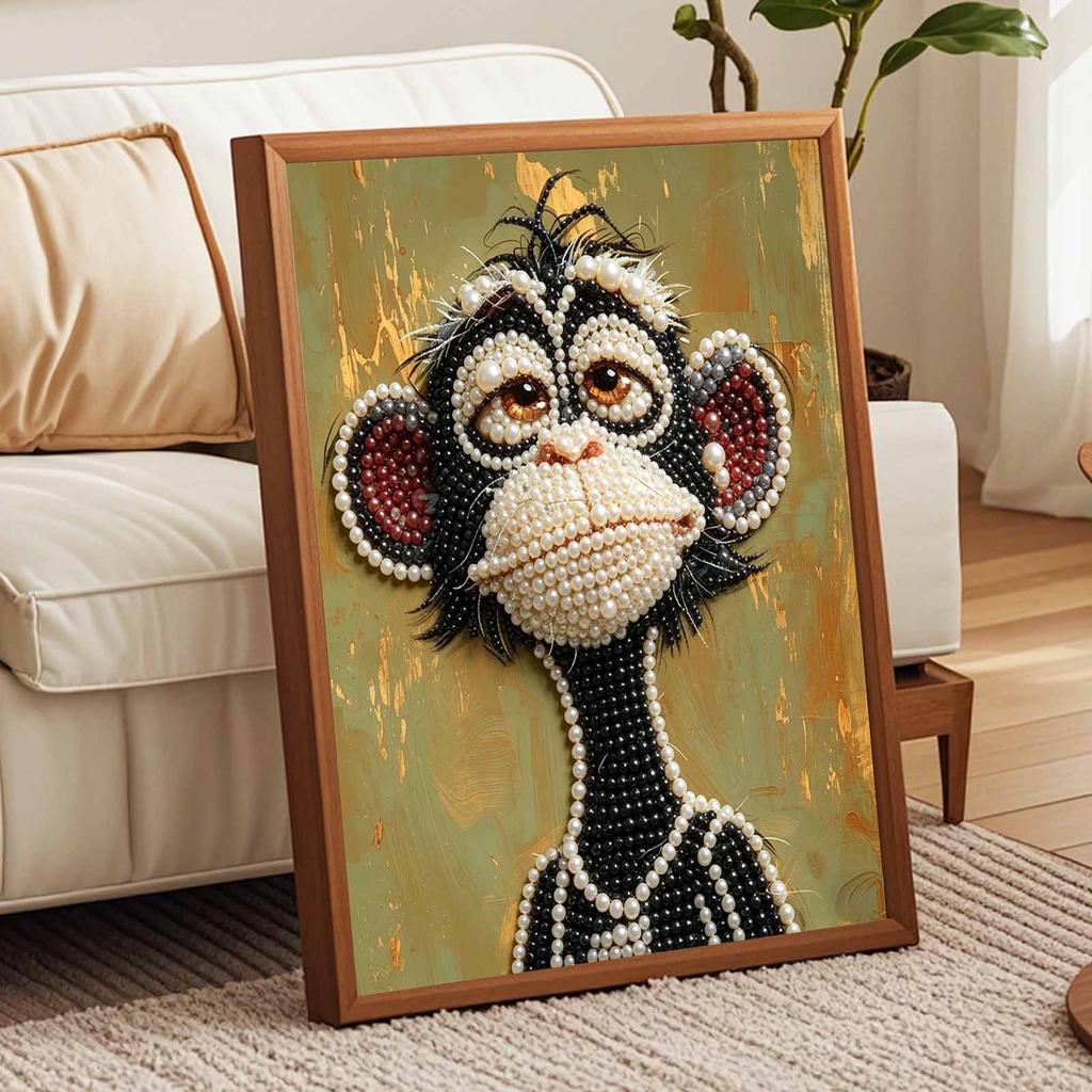 Stretched Frame Pearl Art Kit Cute Chimpanzee DIY Sparkling Bead Canvas Relaxing Hobby Gift for Craft Lovers Creative Home Decor Project