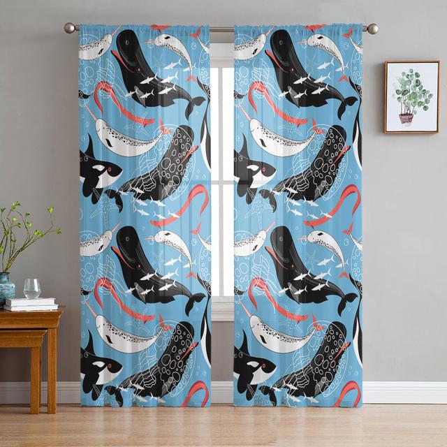 Whale Animal Illustration Tulle Curtains For Living Room Decoration Modern Chiffon Sheer Voile Kitchen Curtain