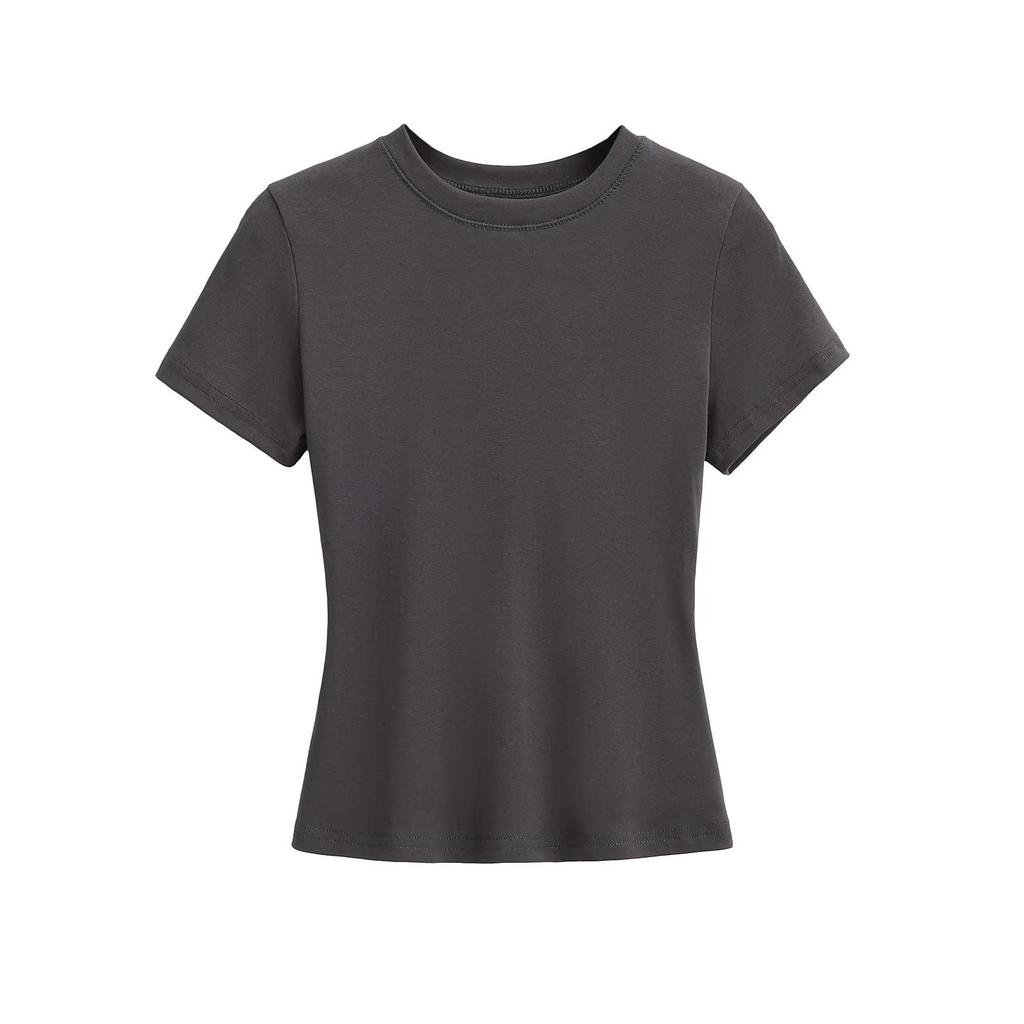 Retro Solid Color Slim Fit Crop Top with Round Neck & Short Sleeves