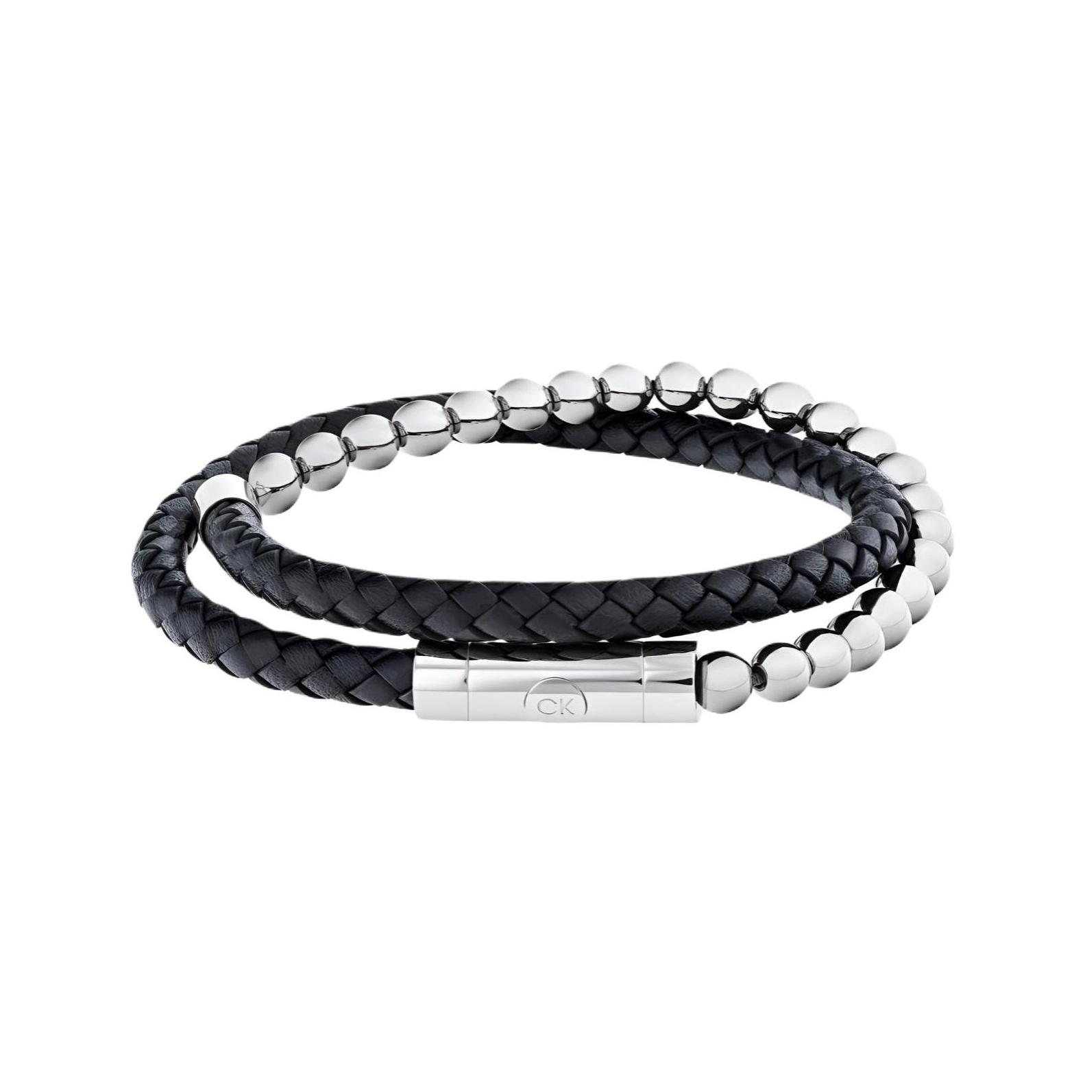 

Calvin Klein Retractable Shiny Silver Steel Bead Bracelet Men Bracelets 35100022 Box,F,Shiny silver & black leather