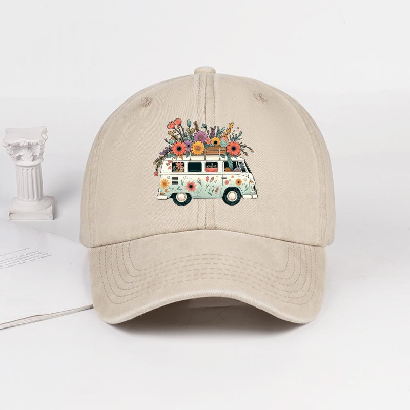 Vintage Floral Van Print Washed Baseball Cap Adjustable Unisex Cotton Travel Sun Hat