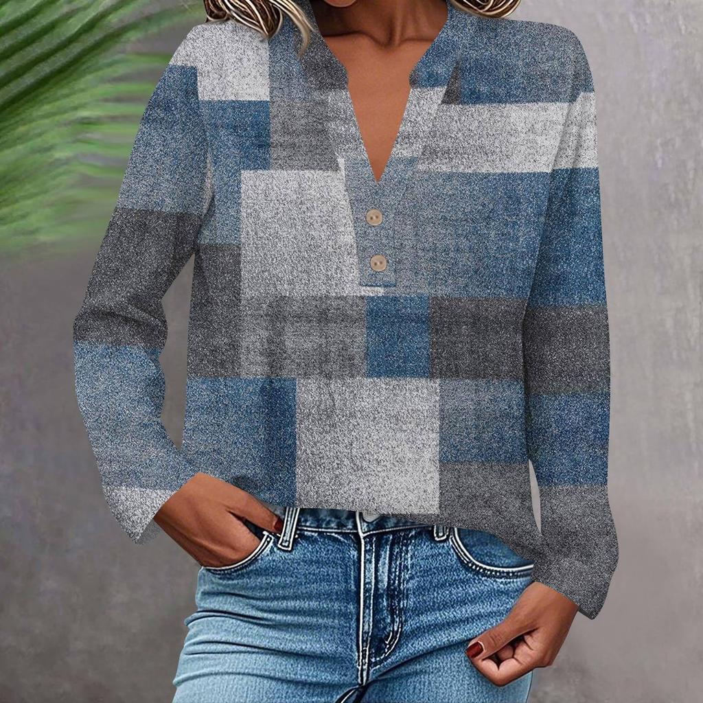 Women's Fashionable And Casual Shirt Long Sleeve V-neck Button Printed Blouse Top
