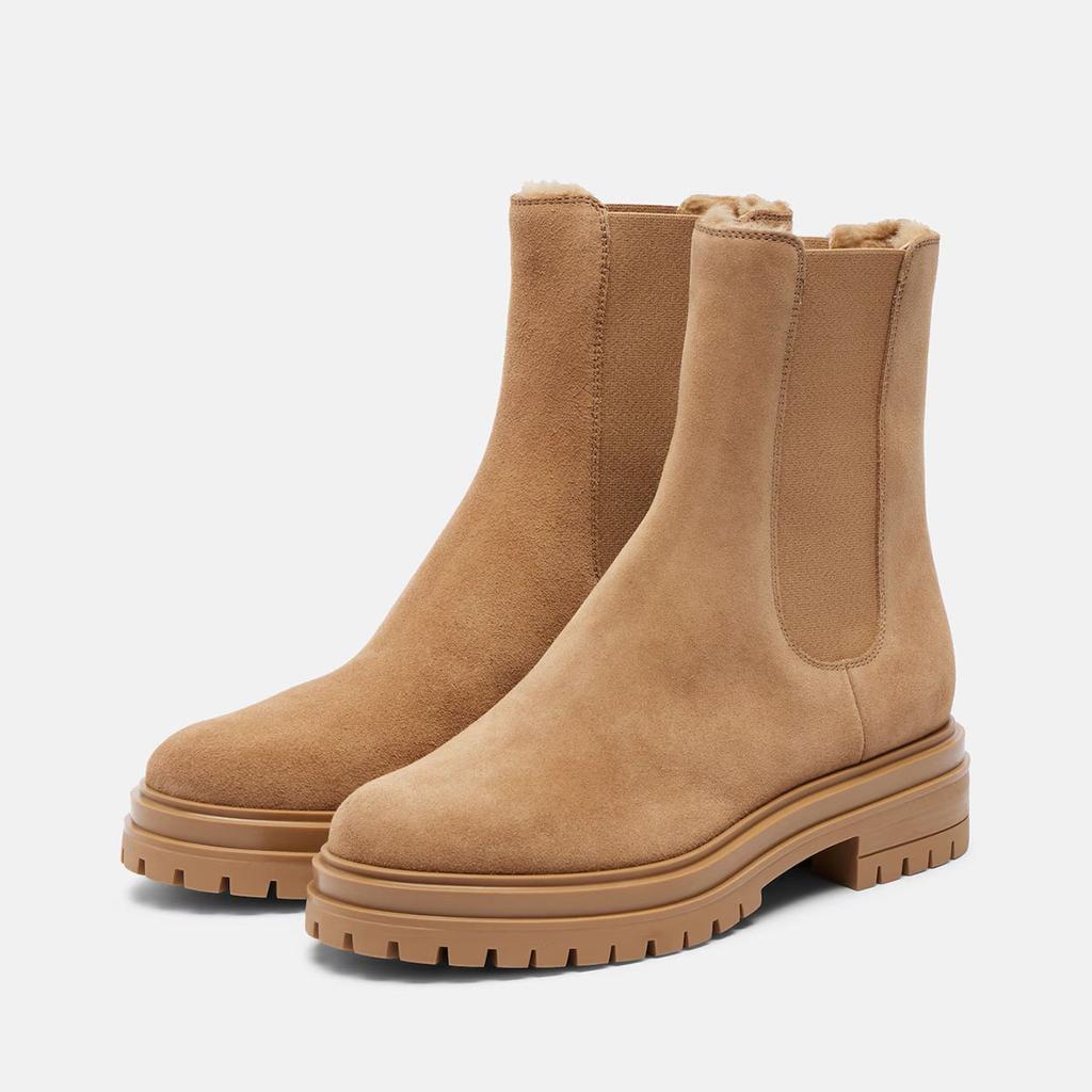 Damen Herbst- und Winter Kuhveloursleder Britischer Stil Chelsea Boots Fellgefüttert Klobige Profilsohle Warme Lässige Stiefeletten Alltagskleidung