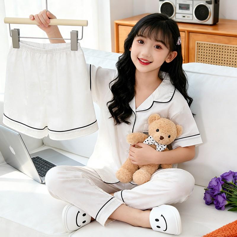 Girls Pajama Set Ice Silk Short Sleeve Sleepwear Cartoon Print Lightweight Home Wear Ages 8