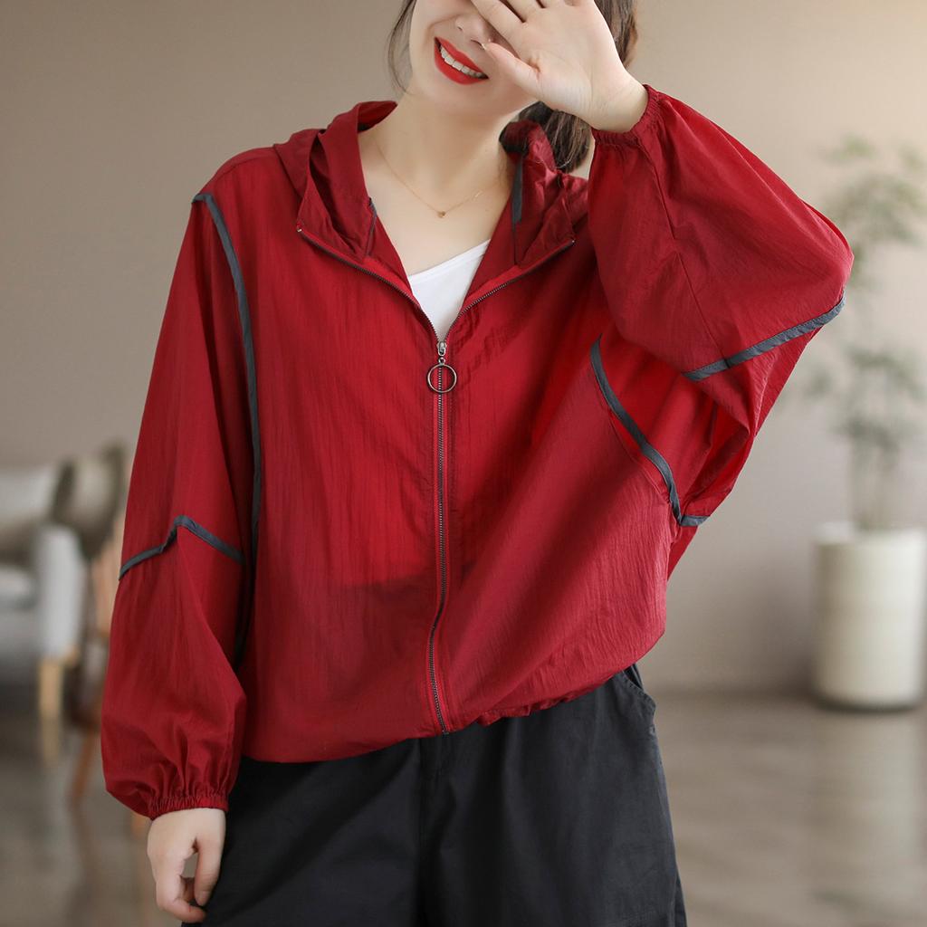 Thin Patchwork Sun Protection Clothing for Women's Summer Loose Fit Jacket Fashionable Color Blocking Long Sleeved Sun Protection Suit Large Size